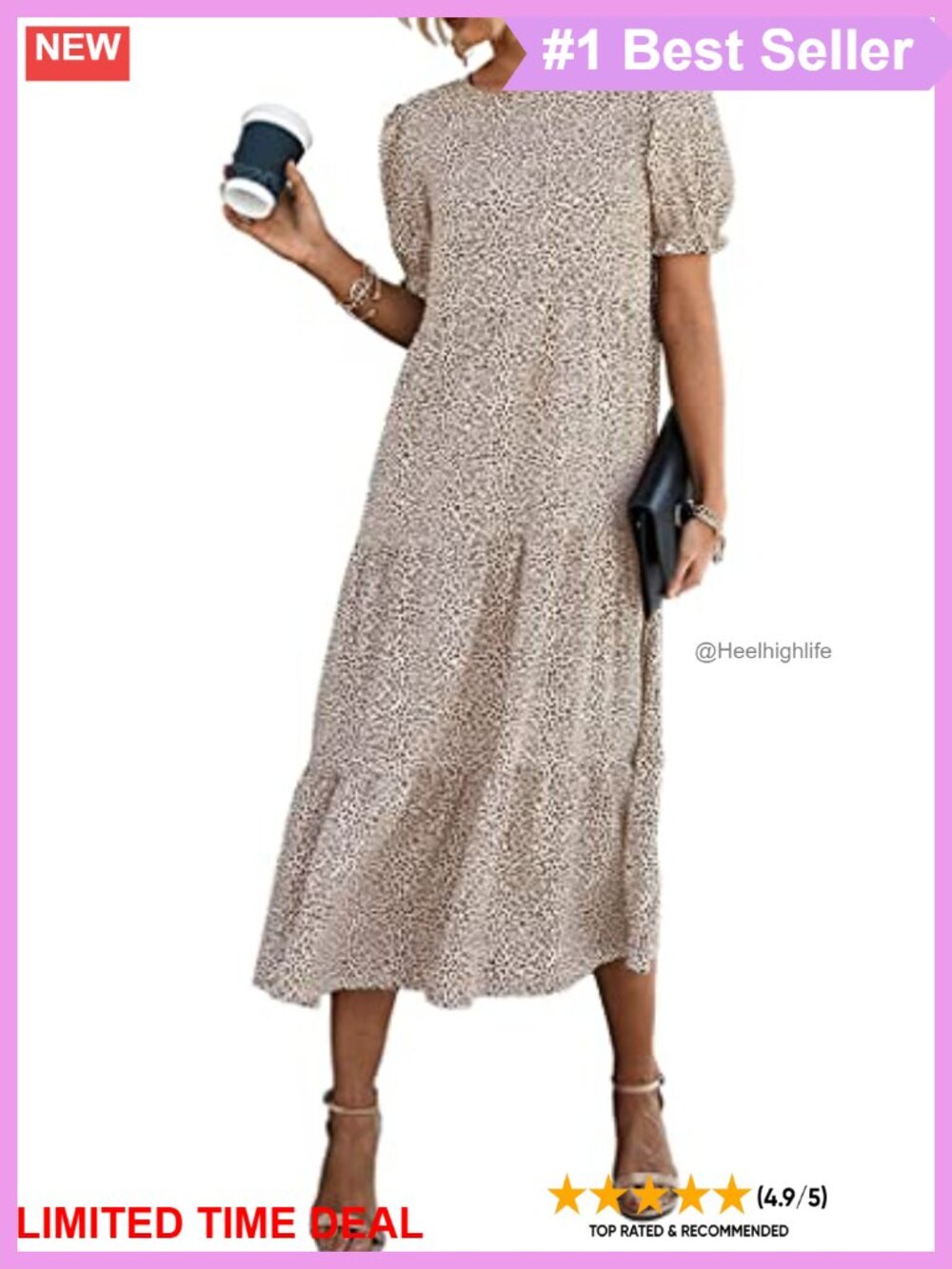 PRETTYGARDEN Women's Floral Print Midi Dress Short Puff Sleeve A-Line